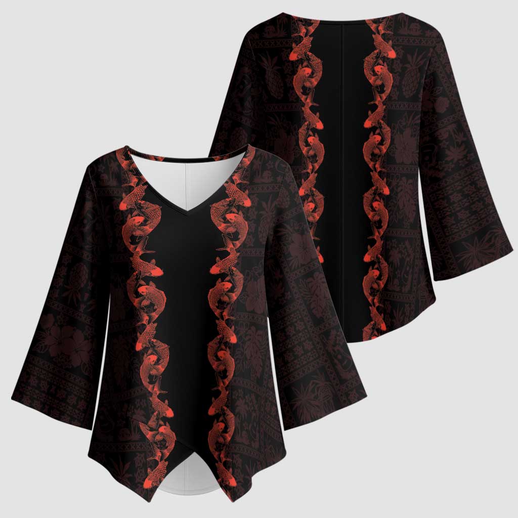 Hawaii Japan Koi Fish Red Kimono Sleeve Blouse Tapa Pattern LT01 - Polynesian Pride