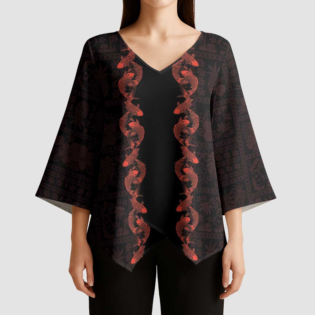 Hawaii Japan Koi Fish Red Kimono Sleeve Blouse Tapa Pattern LT01 - Polynesian Pride