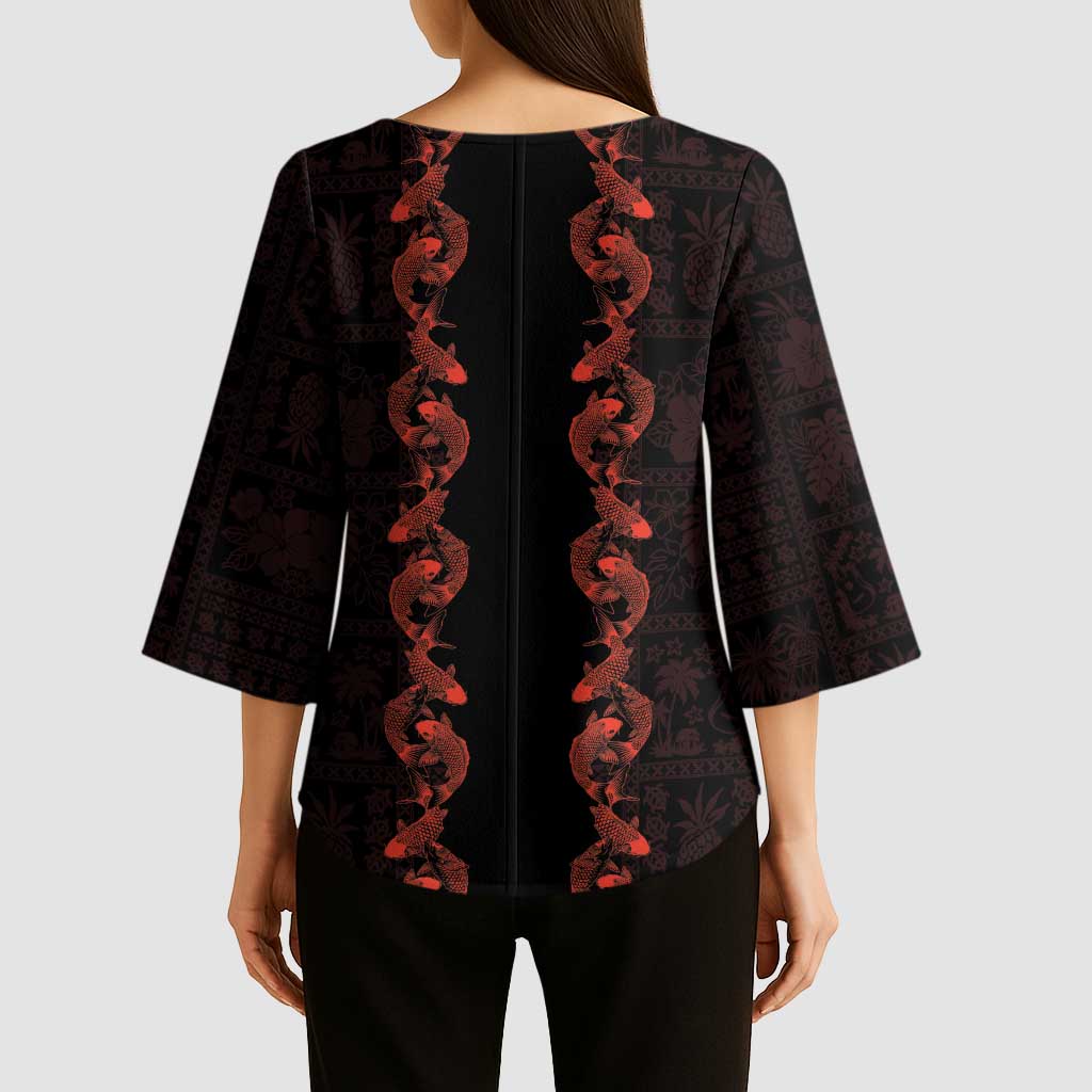 Hawaii Japan Koi Fish Red Kimono Sleeve Blouse Tapa Pattern LT01 - Polynesian Pride