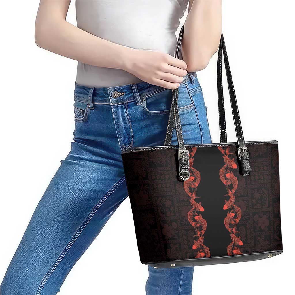Hawaii Japan Koi Fish Red Leather Tote Bag Tapa Pattern - Polynesian Pride