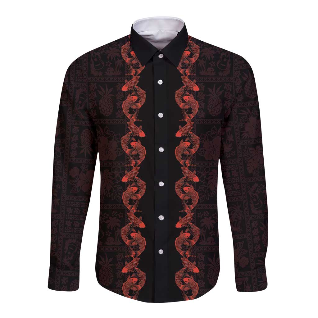 Hawaii Japan Koi Fish Red Long Sleeve Button Shirt Tapa Pattern LT01 Unisex Red - Polynesian Pride