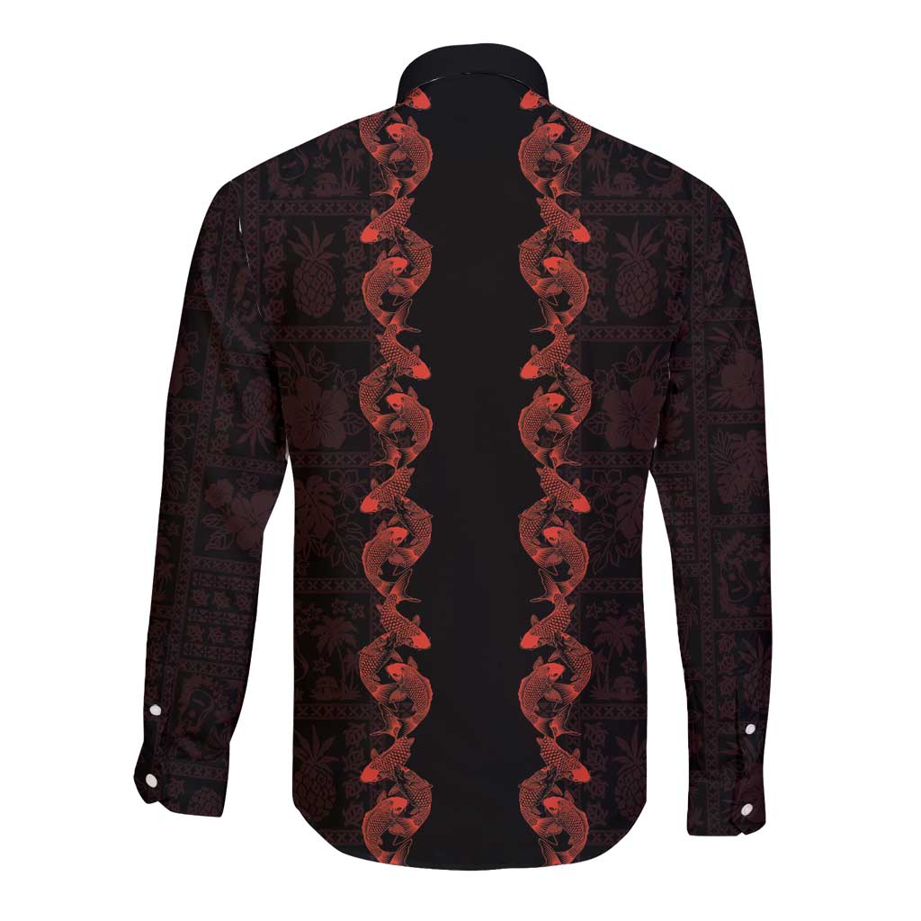 Hawaii Japan Koi Fish Red Long Sleeve Button Shirt Tapa Pattern LT01 - Polynesian Pride