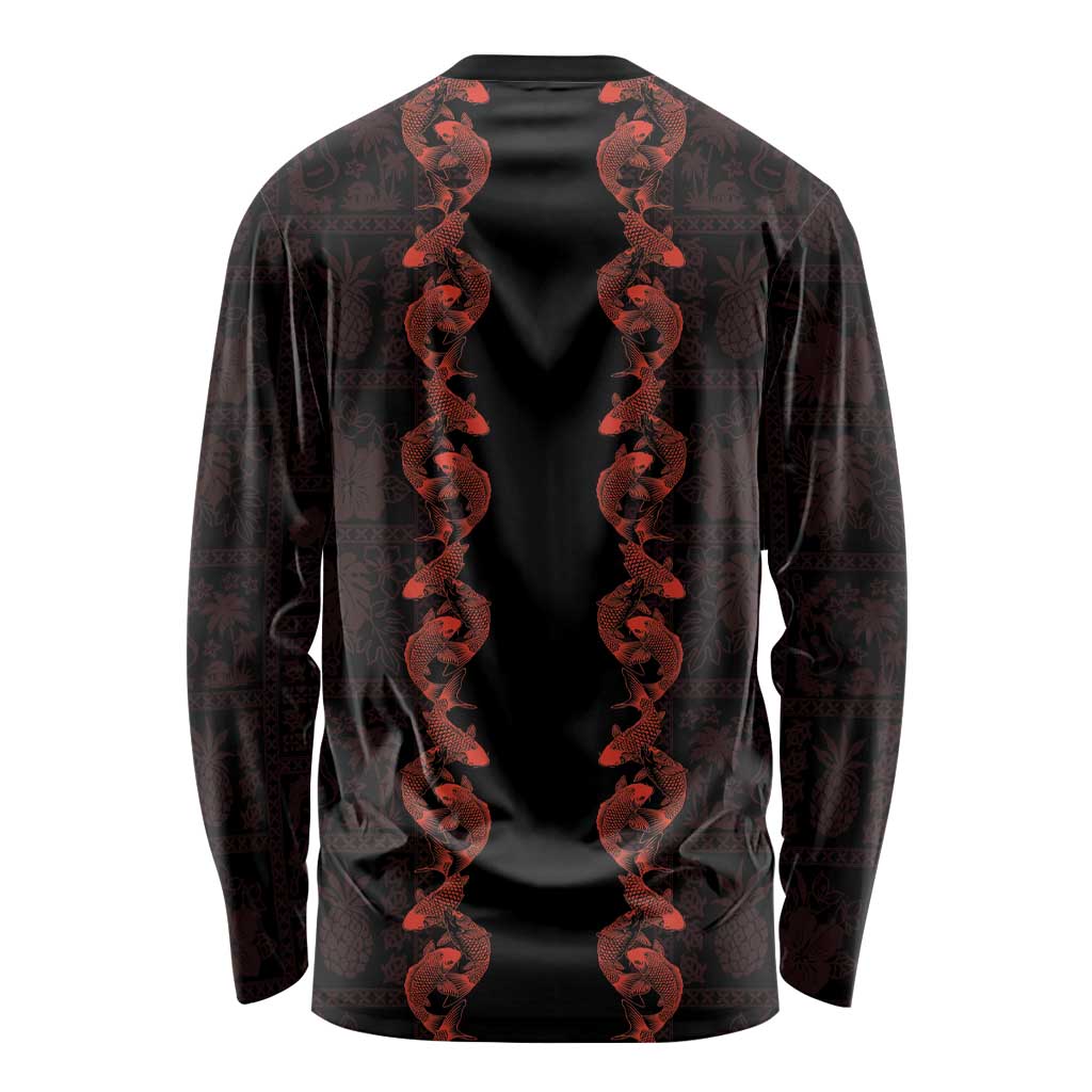 Hawaii Japan Koi Fish Red Long Sleeve Shirt Tapa Pattern LT01 - Polynesian Pride