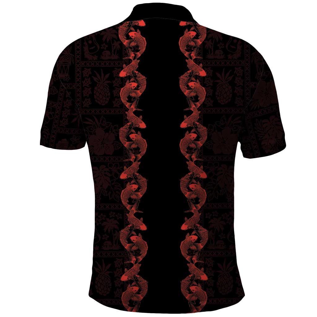 Hawaii Japan Koi Fish Red Polo Shirt Tapa Pattern - Polynesian Pride