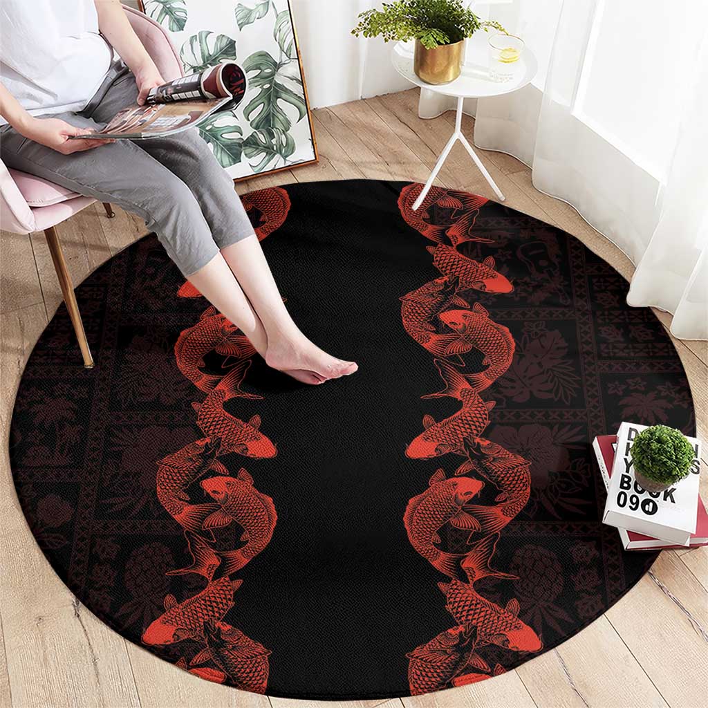 Hawaii Japan Koi Fish Red Round Carpet Tapa Pattern - Polynesian Pride