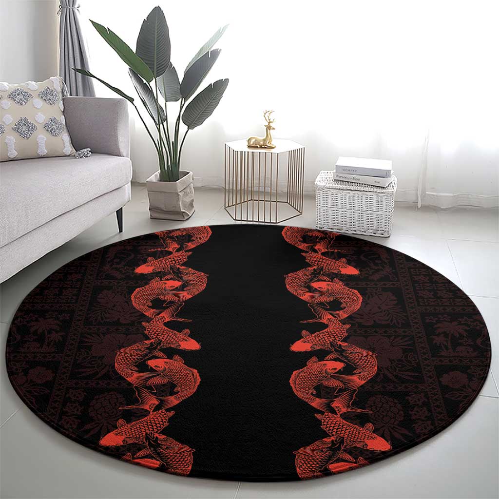Hawaii Japan Koi Fish Red Round Carpet Tapa Pattern - Polynesian Pride