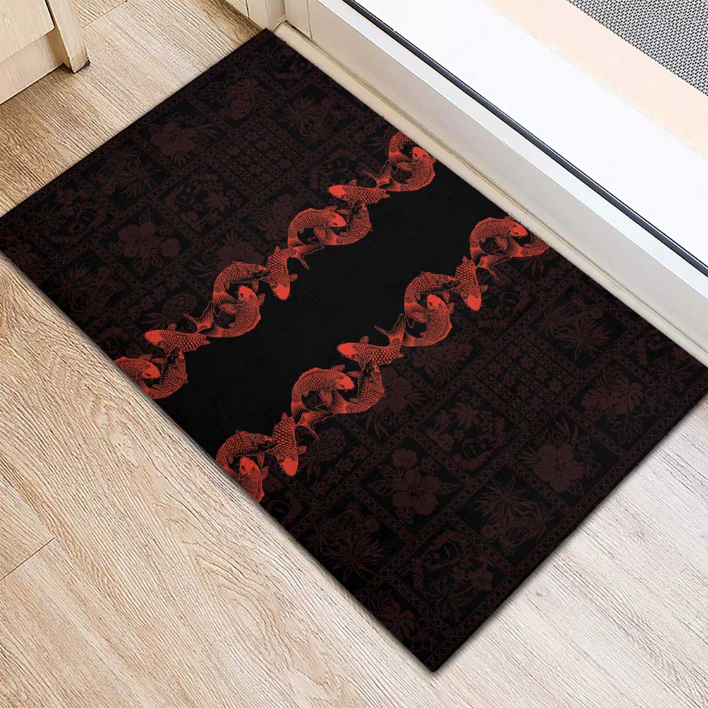 Hawaii Japan Koi Fish Red Rubber Doormat Tapa Pattern LT01 - Polynesian Pride