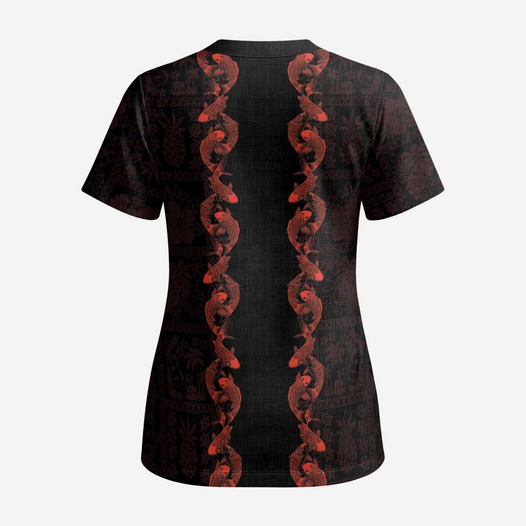 Hawaii Japan Koi Fish Red Scrub Top Tapa Pattern LT01 - Polynesian Pride