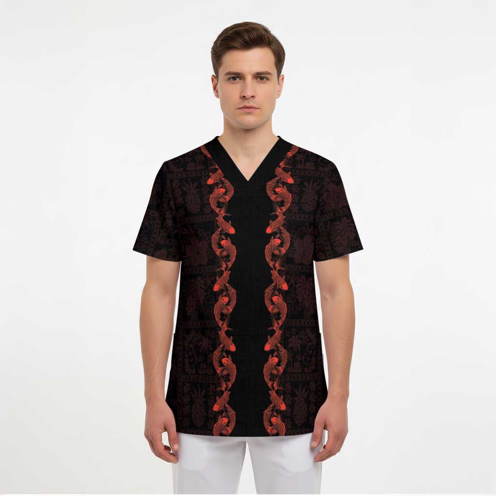 Hawaii Japan Koi Fish Red Scrub Top Tapa Pattern LT01 - Polynesian Pride