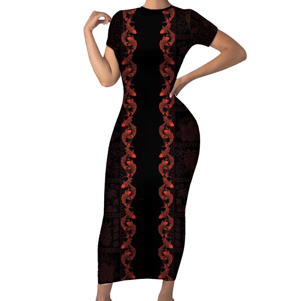 Hawaii Japan Koi Fish Red Short Sleeve Bodycon Dress Tapa Pattern - Polynesian Pride