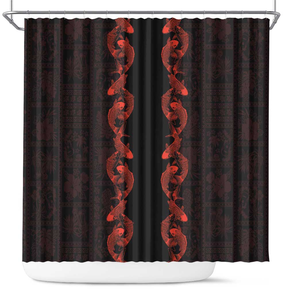 Hawaii Japan Koi Fish Red Shower Curtain Tapa Pattern - Polynesian Pride