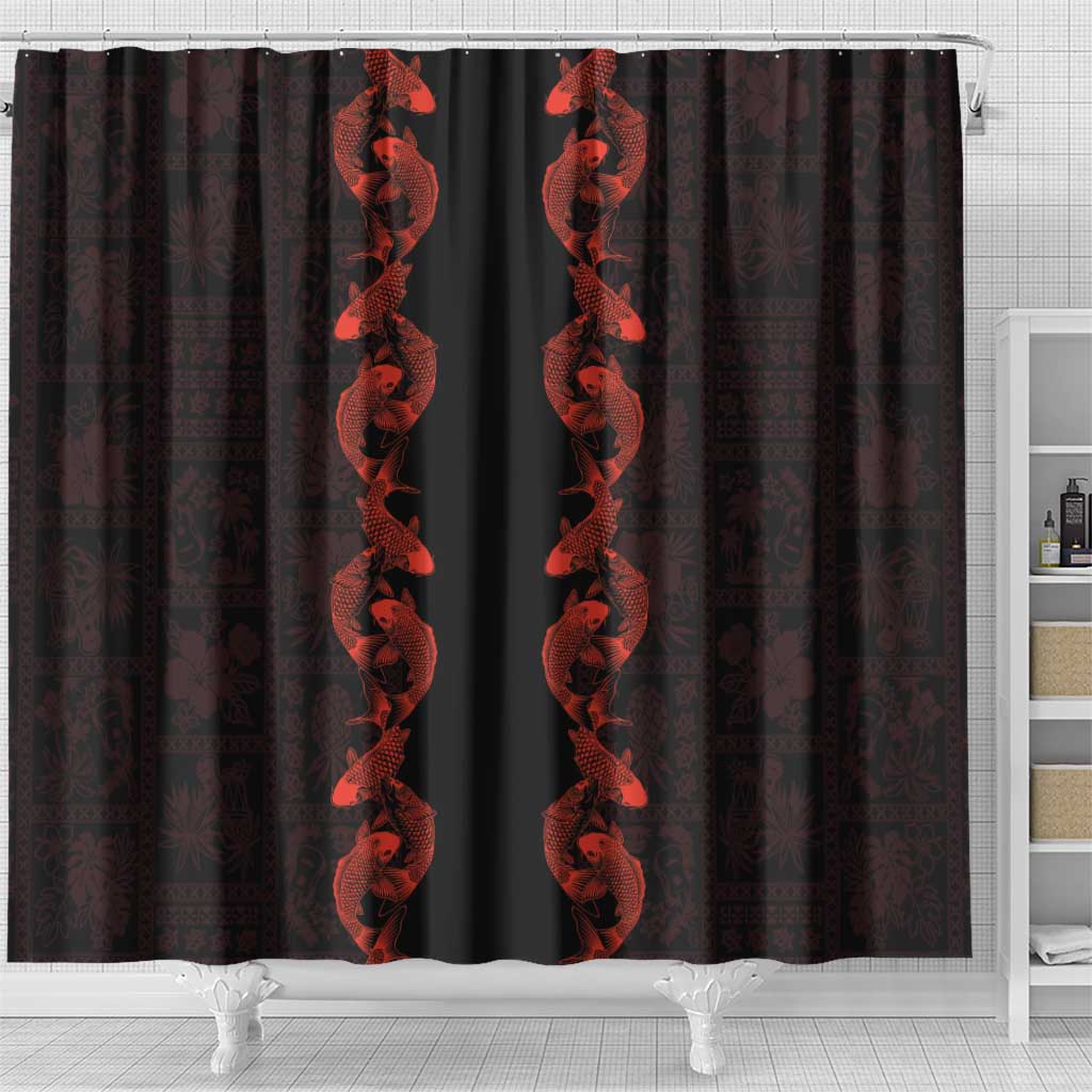 Hawaii Japan Koi Fish Red Shower Curtain Tapa Pattern - Polynesian Pride