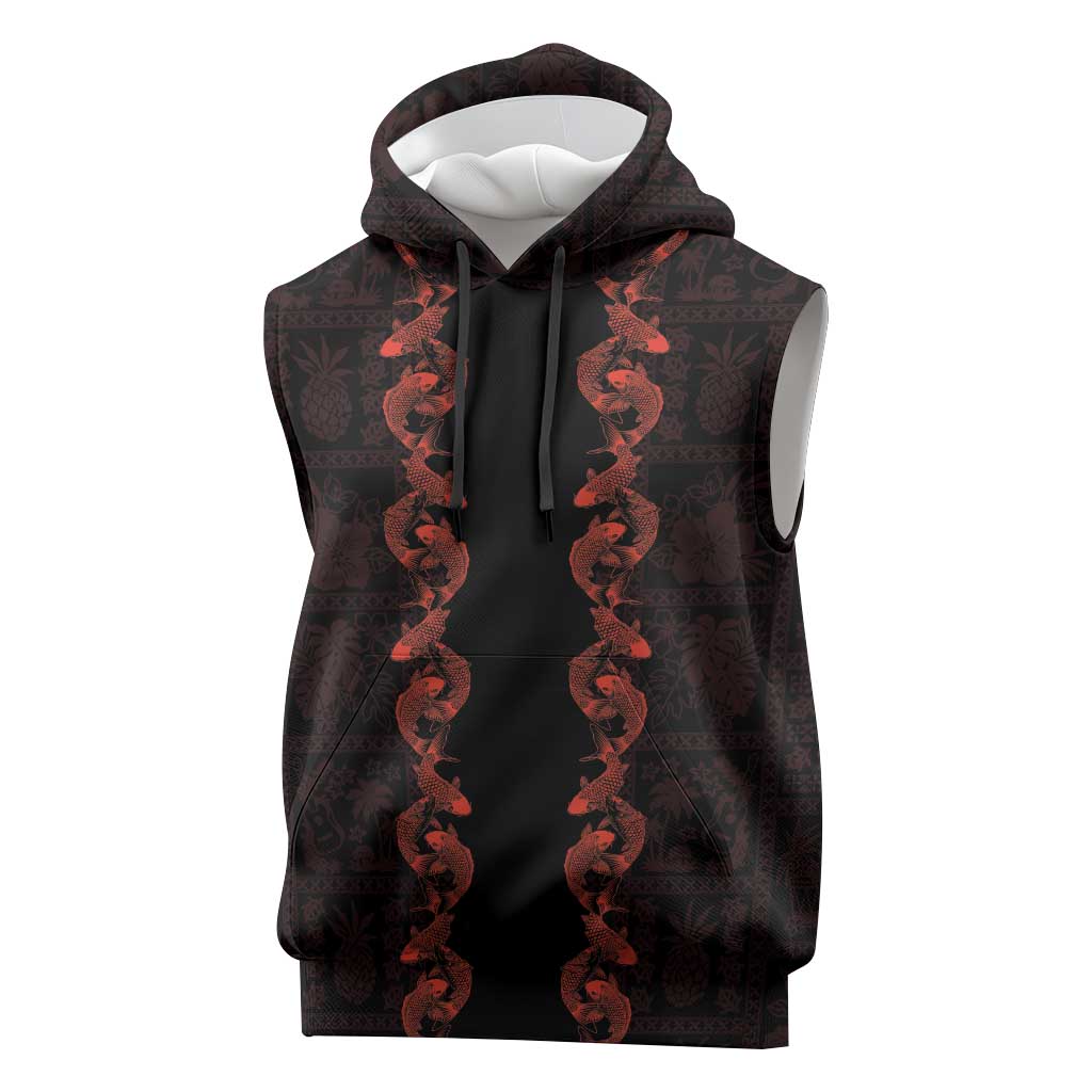 Hawaii Japan Koi Fish Red Sleeveless Hoodie Tapa Pattern LT01 Red - Polynesian Pride