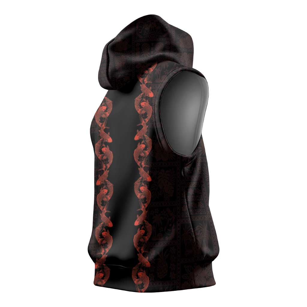 Hawaii Japan Koi Fish Red Sleeveless Hoodie Tapa Pattern LT01 - Polynesian Pride