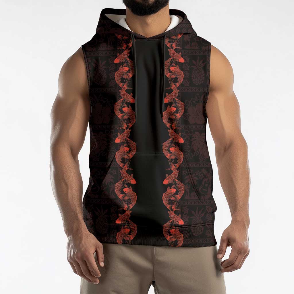 Hawaii Japan Koi Fish Red Sleeveless Hoodie Tapa Pattern LT01 - Polynesian Pride