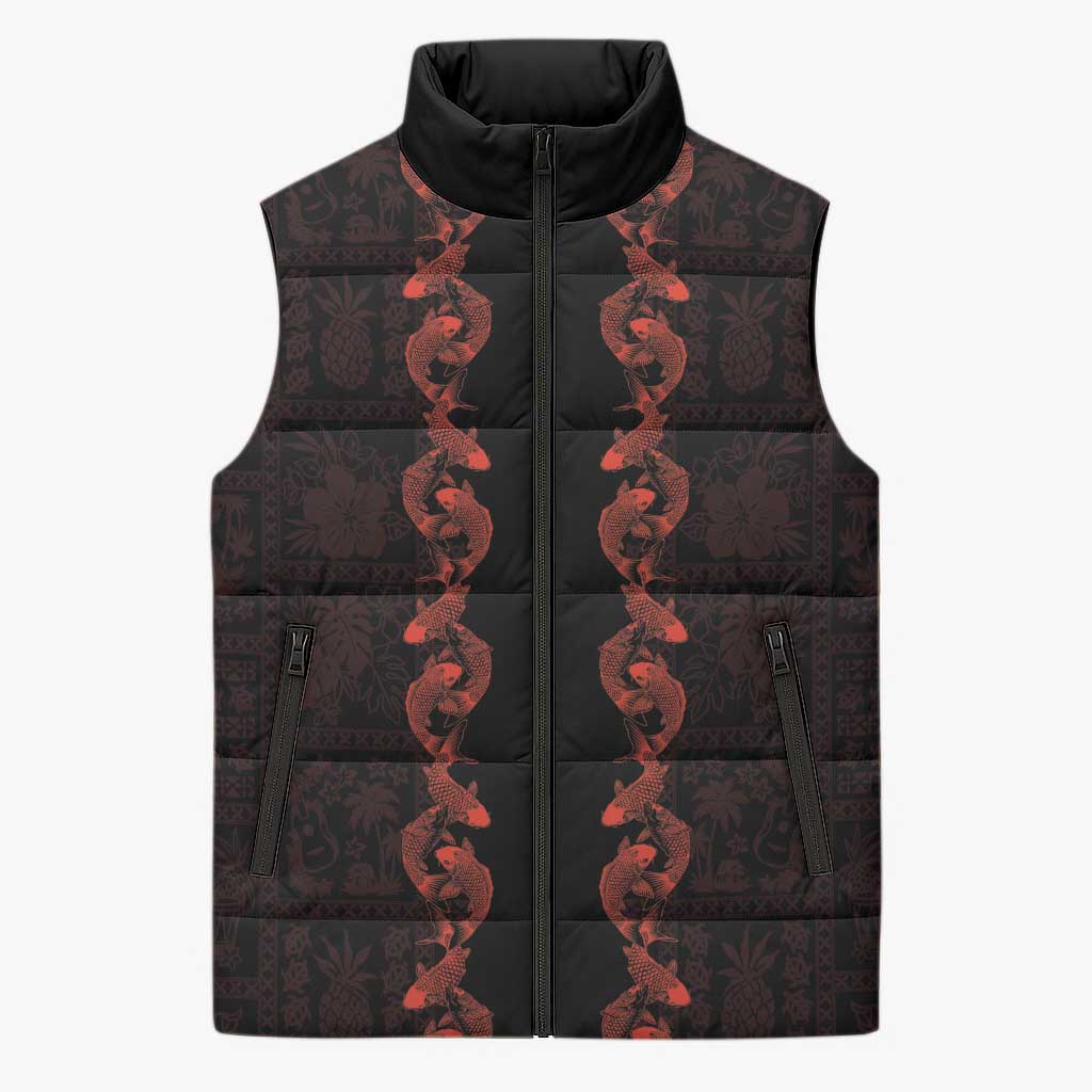 Hawaii Japan Koi Fish Red Sleeveless Puffer Jacket Tapa Pattern LT01 Unisex Red - Polynesian Pride