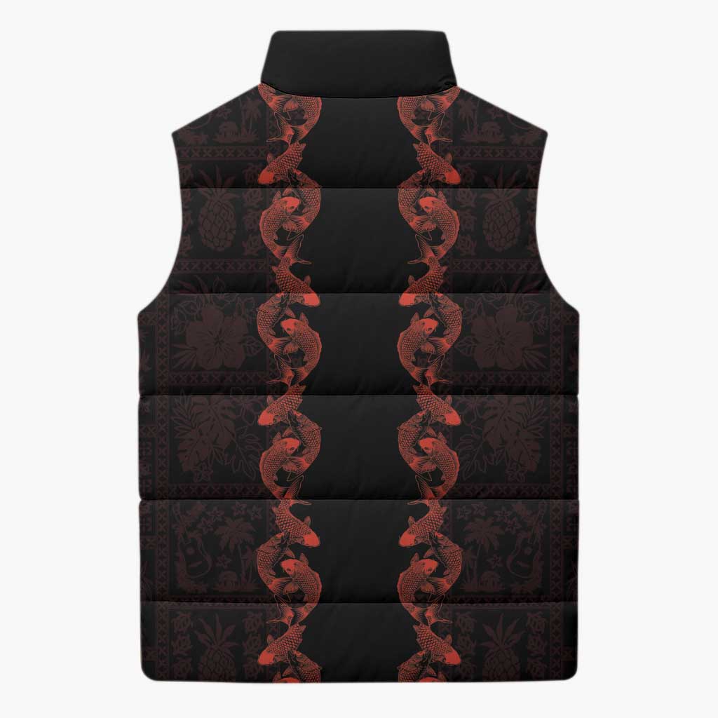 Hawaii Japan Koi Fish Red Sleeveless Puffer Jacket Tapa Pattern LT01 - Polynesian Pride