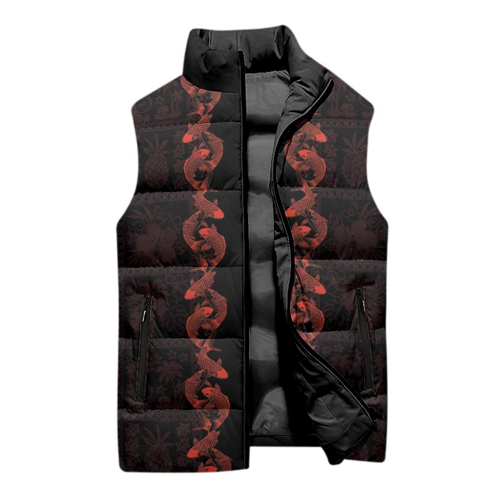 Hawaii Japan Koi Fish Red Sleeveless Puffer Jacket Tapa Pattern LT01 - Polynesian Pride