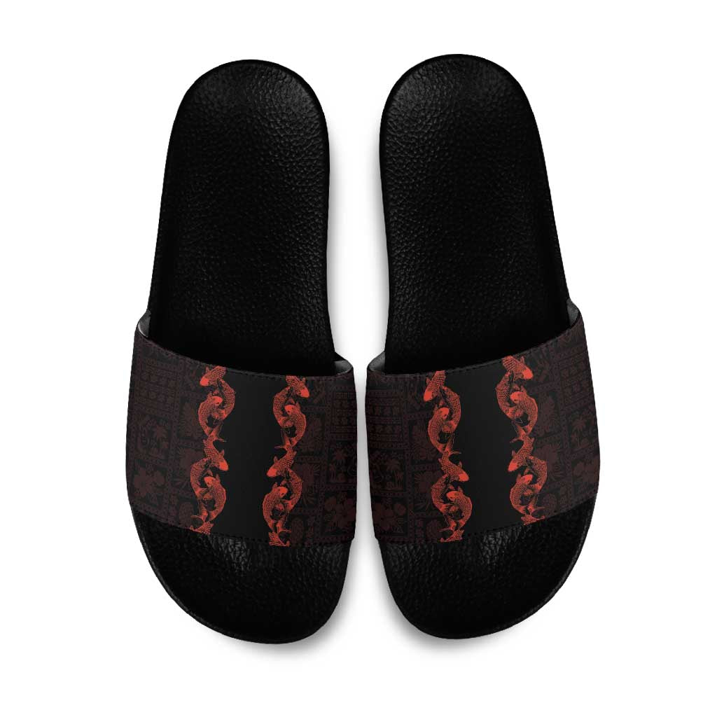 Hawaii Japan Koi Fish Red Slide Sandals Tapa Pattern - Polynesian Pride