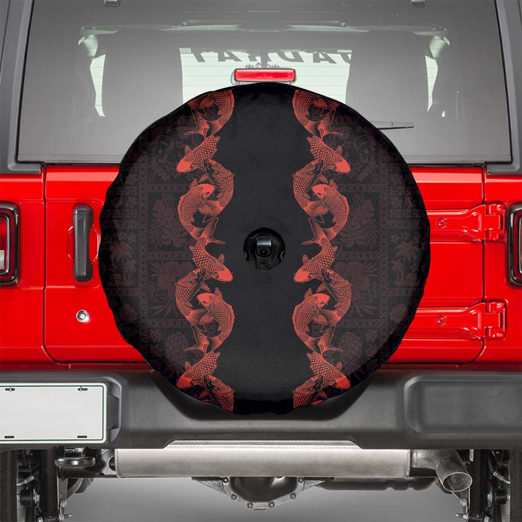 Hawaii Japan Koi Fish Red Spare Tire Cover Tapa Pattern - Polynesian Pride