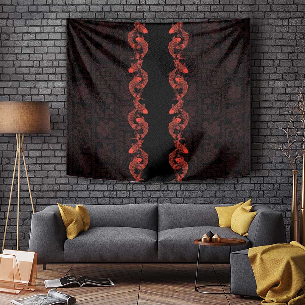 Hawaii Japan Koi Fish Red Tapestry Tapa Pattern - Polynesian Pride