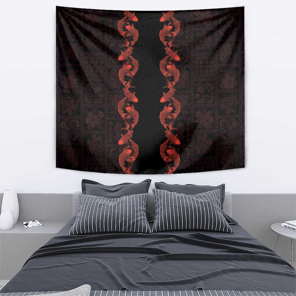 Hawaii Japan Koi Fish Red Tapestry Tapa Pattern - Polynesian Pride