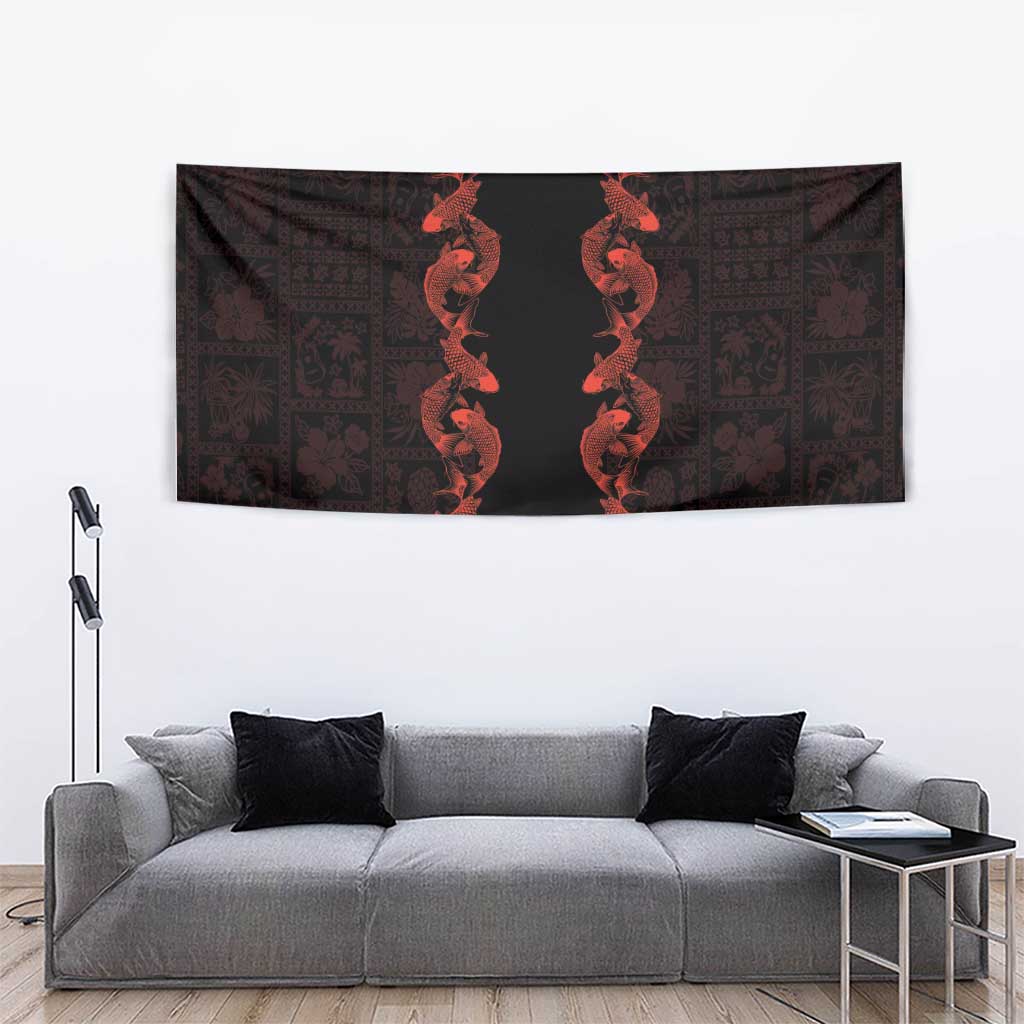 Hawaii Japan Koi Fish Red Tapestry Tapa Pattern - Polynesian Pride