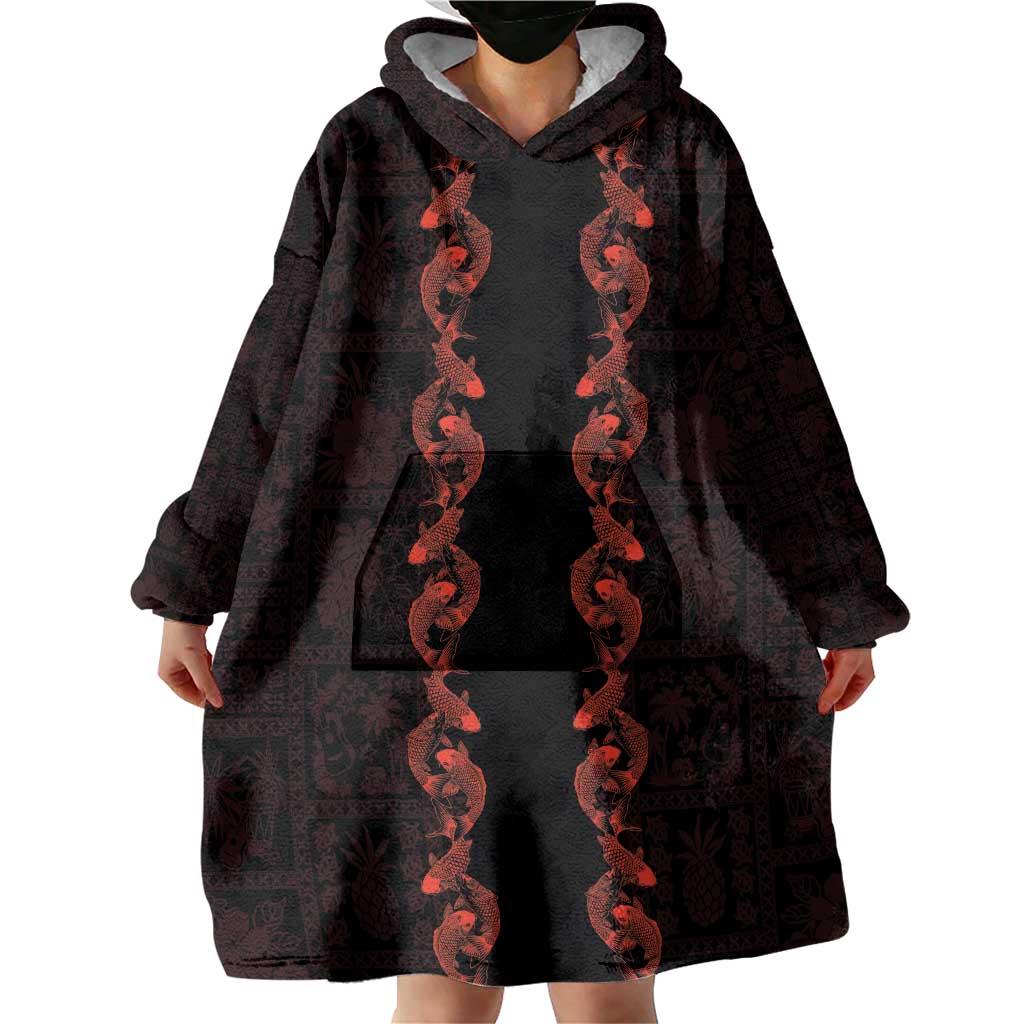Hawaii Japan Koi Fish Red Wearable Blanket Hoodie Tapa Pattern LT01 - Polynesian Pride