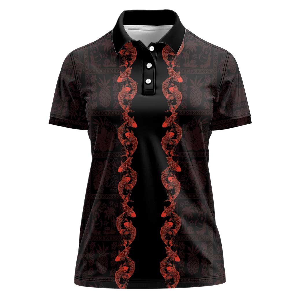 Hawaii Japan Koi Fish Red Women Polo Shirt Tapa Pattern - Polynesian Pride