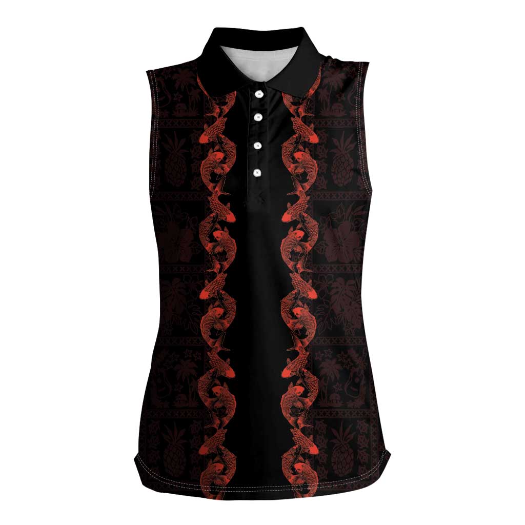 Hawaii Japan Koi Fish Red Women Sleeveless Polo Shirt Tapa Pattern LT01 Female Red - Polynesian Pride