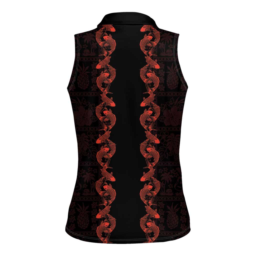 Hawaii Japan Koi Fish Red Women Sleeveless Polo Shirt Tapa Pattern LT01 - Polynesian Pride