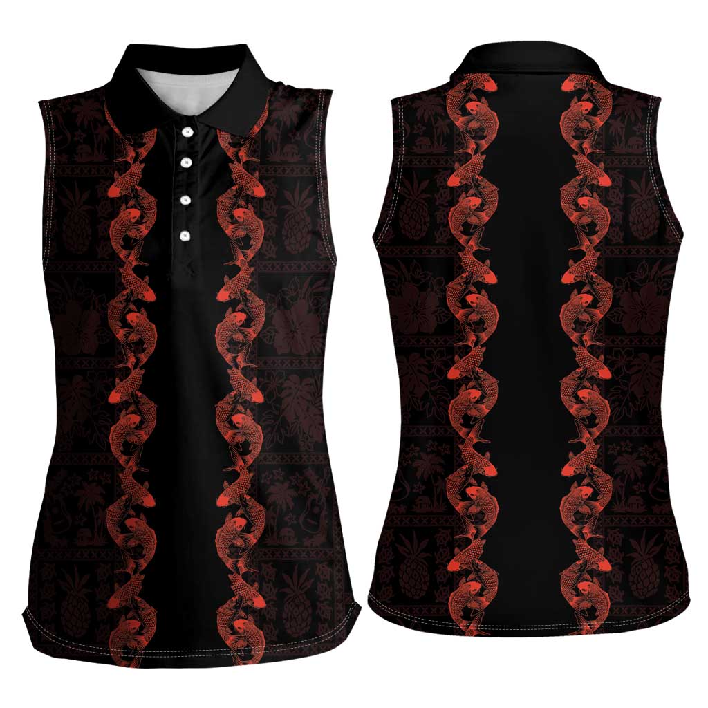Hawaii Japan Koi Fish Red Women Sleeveless Polo Shirt Tapa Pattern LT01 - Polynesian Pride
