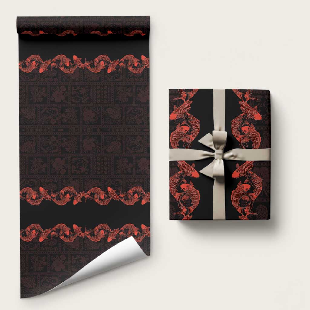 Hawaii Japan Koi Fish Red Wrapping Paper Tapa Pattern LT01 58" × 23" Red - Polynesian Pride
