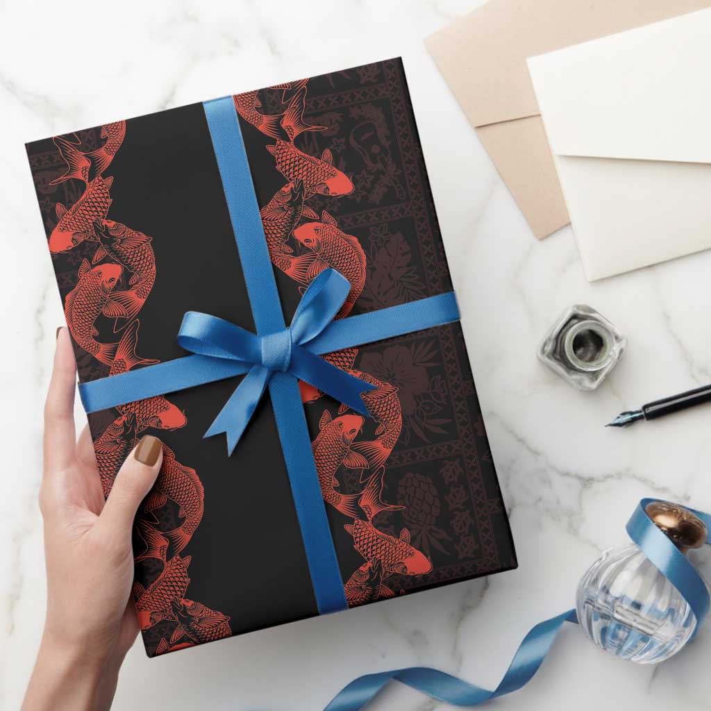 Hawaii Japan Koi Fish Red Wrapping Paper Tapa Pattern LT01 - Polynesian Pride