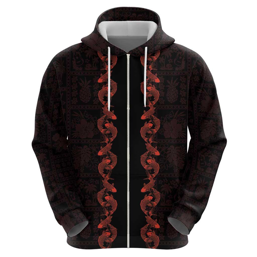 Hawaii Japan Koi Fish Red Zip Hoodie Tapa Pattern LT01 - Polynesian Pride