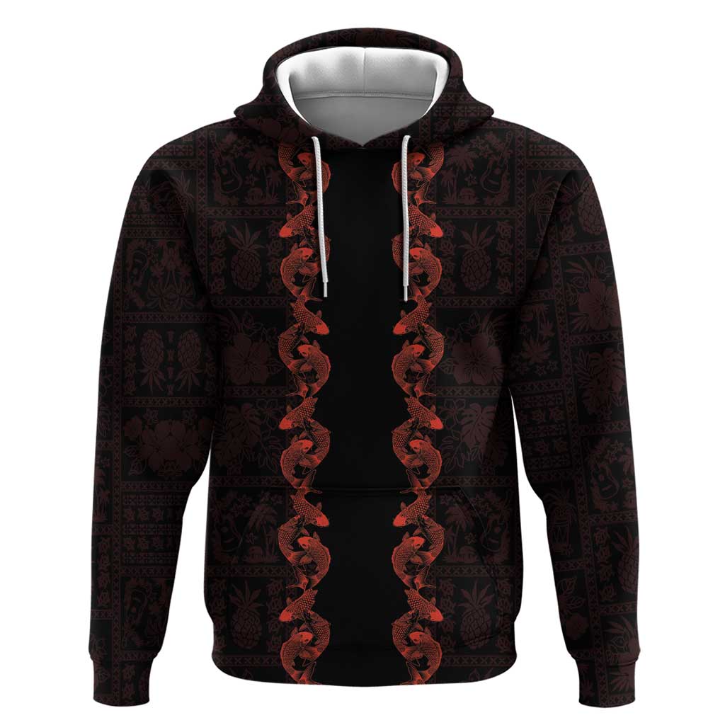 Hawaii Japan Koi Fish Red Zip Hoodie Tapa Pattern LT01 Pullover Hoodie Red - Polynesian Pride