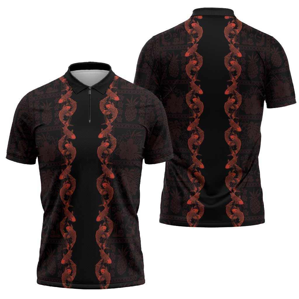 Hawaii Japan Koi Fish Red Zipper Polo Shirt Tapa Pattern - Polynesian Pride