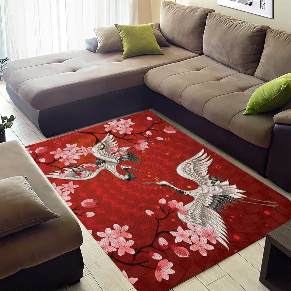 Hawaii Japan Cranes Sakura Flower Red Area Rug Japan Heritage Spirit - Polynesian Pride