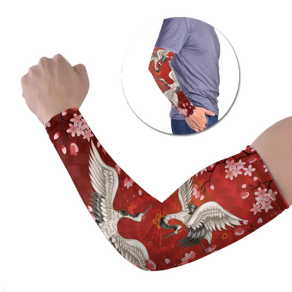 Hawaii Japan Cranes Sakura Flower Red Arm Sleeves Japan Heritage Spirit LT01 Set of 2 Red - Polynesian Pride