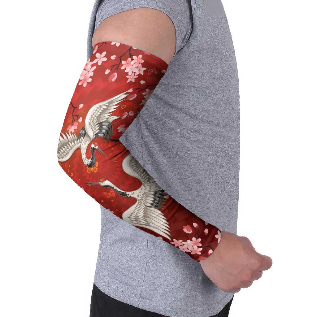 Hawaii Japan Cranes Sakura Flower Red Arm Sleeves Japan Heritage Spirit LT01 - Polynesian Pride