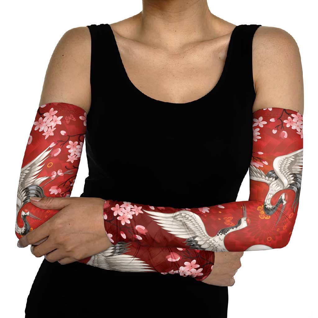Hawaii Japan Cranes Sakura Flower Red Arm Sleeves Japan Heritage Spirit LT01 - Polynesian Pride