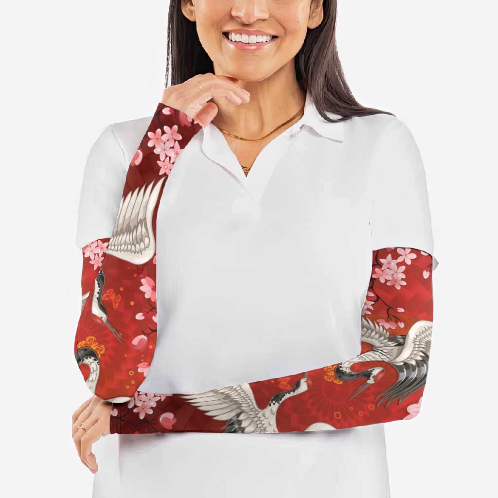 Hawaii Japan Cranes Sakura Flower Red Arm Sleeves Japan Heritage Spirit LT01 - Polynesian Pride