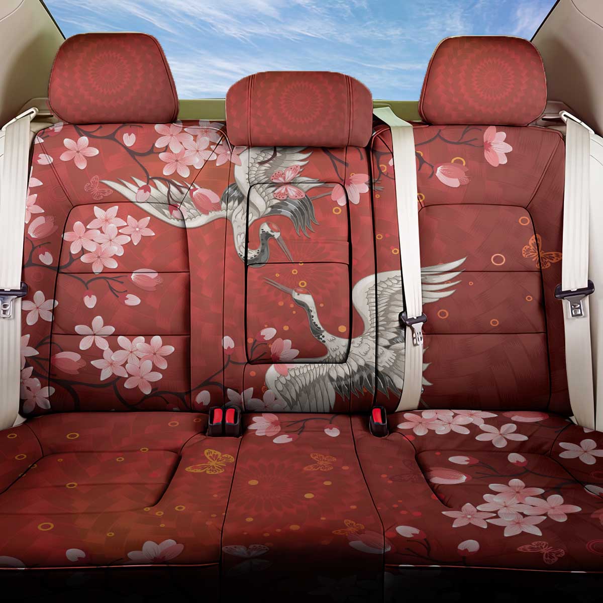 Hawaii Japan Cranes Sakura Flower Red Back Car Seat Cover Japan Heritage Spirit LT01 One Size Red - Polynesian Pride