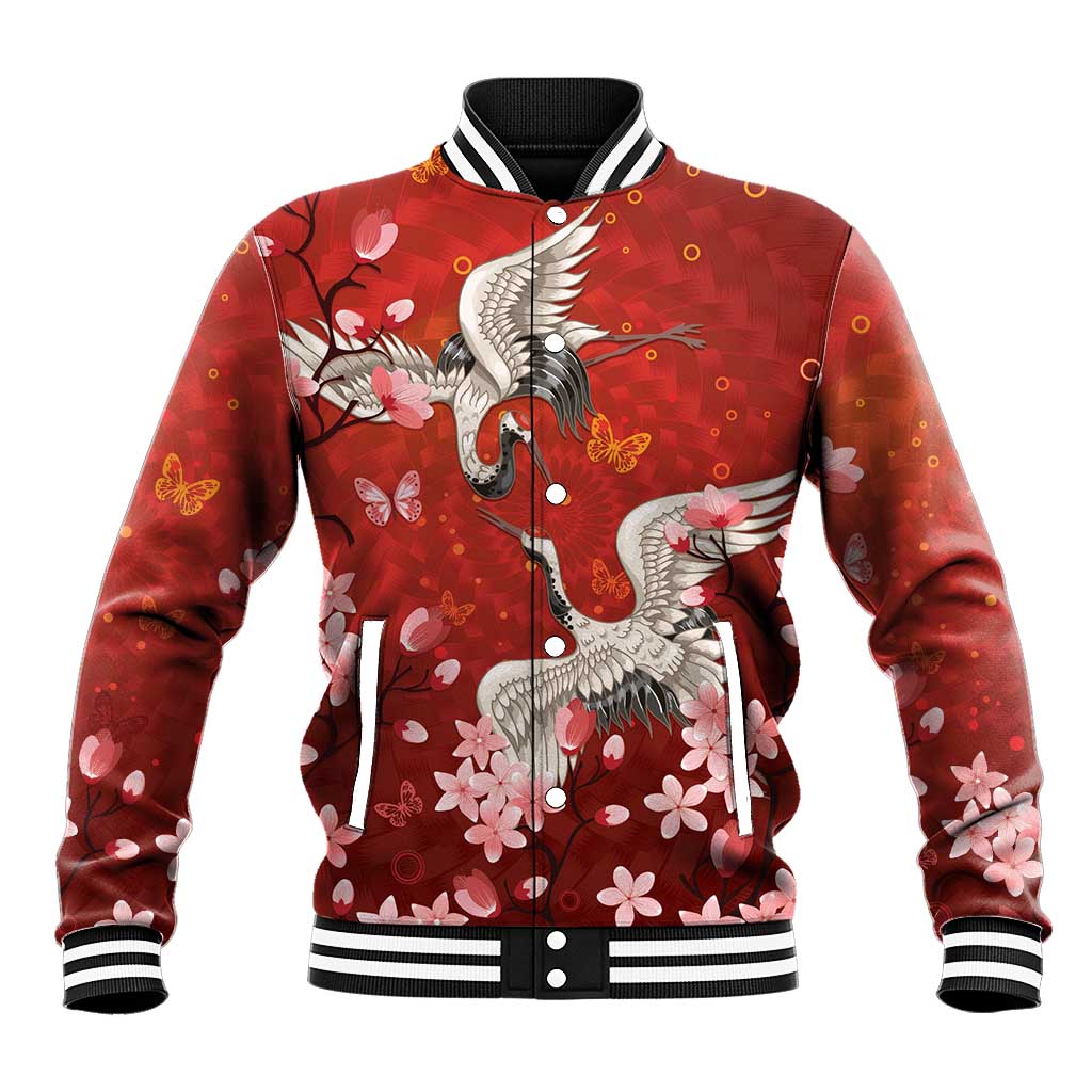 Hawaii Japan Cranes Sakura Flower Red Baseball Jacket Japan Heritage Spirit LT01 Unisex Red - Polynesian Pride