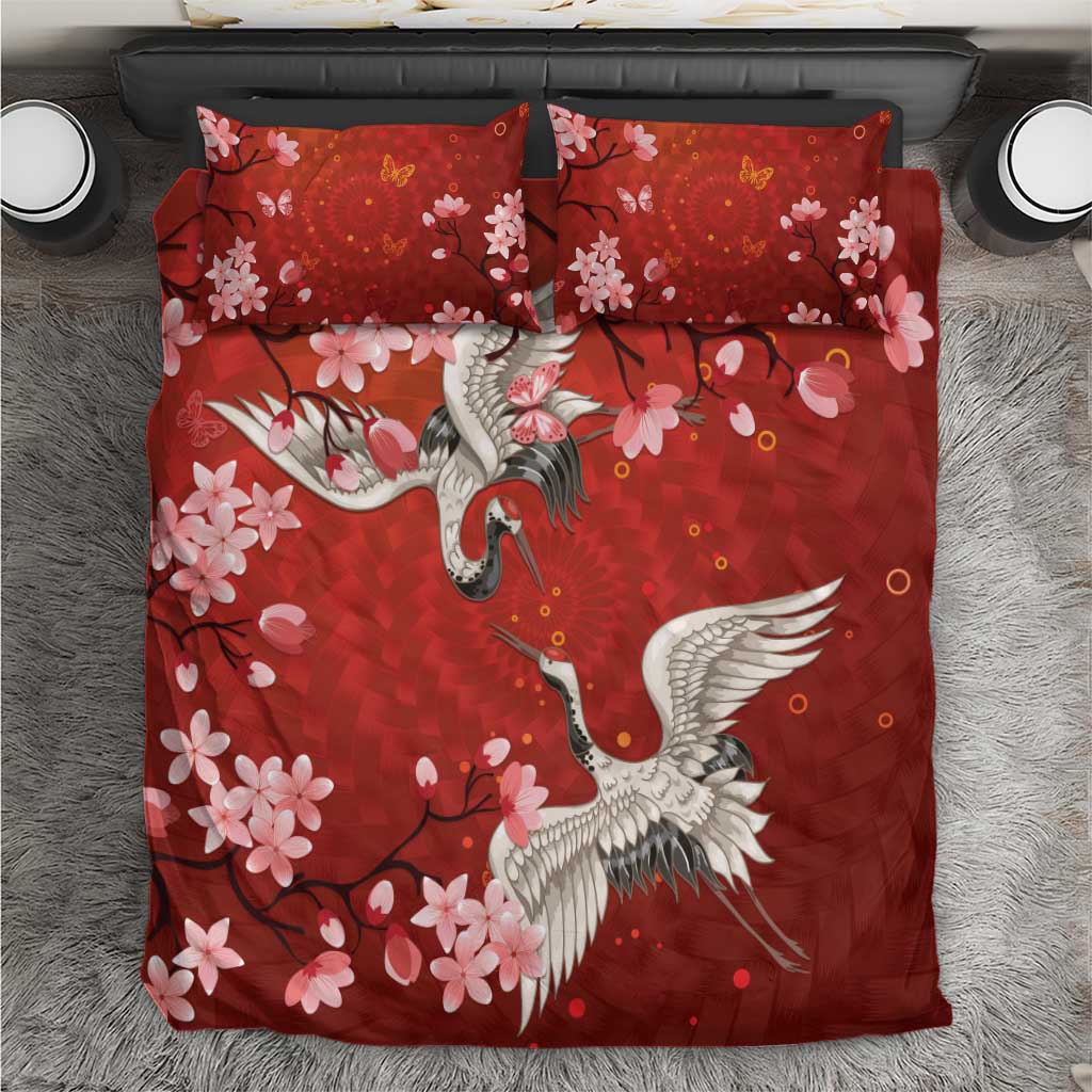 Hawaii Japan Cranes Sakura Flower Red Bedding Set Japan Heritage Spirit - Polynesian Pride