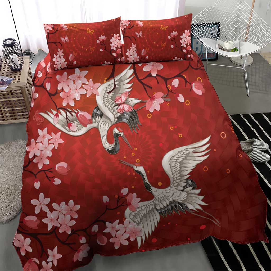 Hawaii Japan Cranes Sakura Flower Red Bedding Set Japan Heritage Spirit - Polynesian Pride