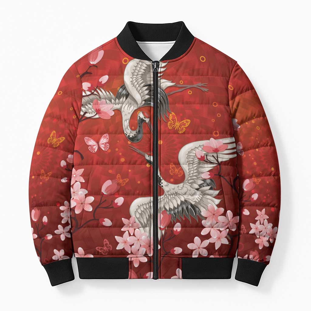 Hawaii Japan Cranes Sakura Flower Red Bomber Puffer Jacket Japan Heritage Spirit LT01 Unisex Red - Polynesian Pride