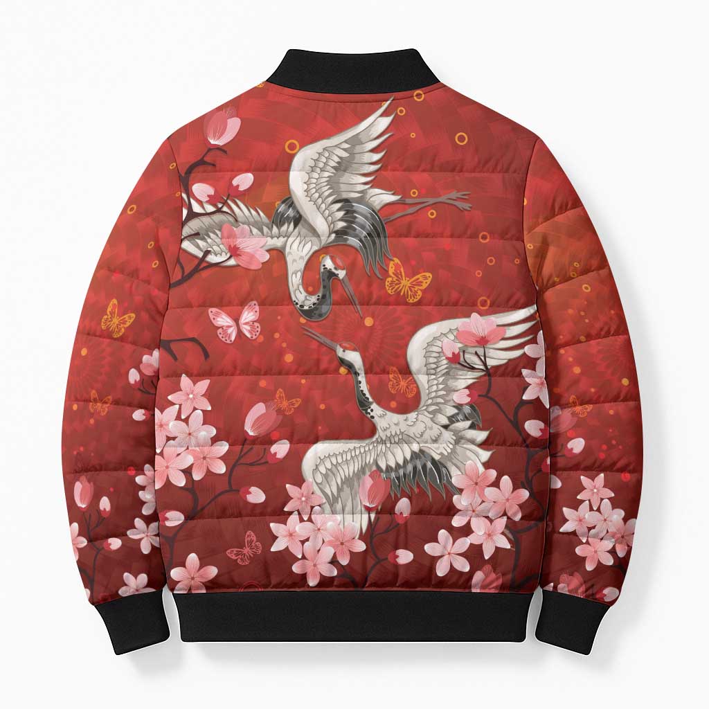Hawaii Japan Cranes Sakura Flower Red Bomber Puffer Jacket Japan Heritage Spirit LT01 - Polynesian Pride