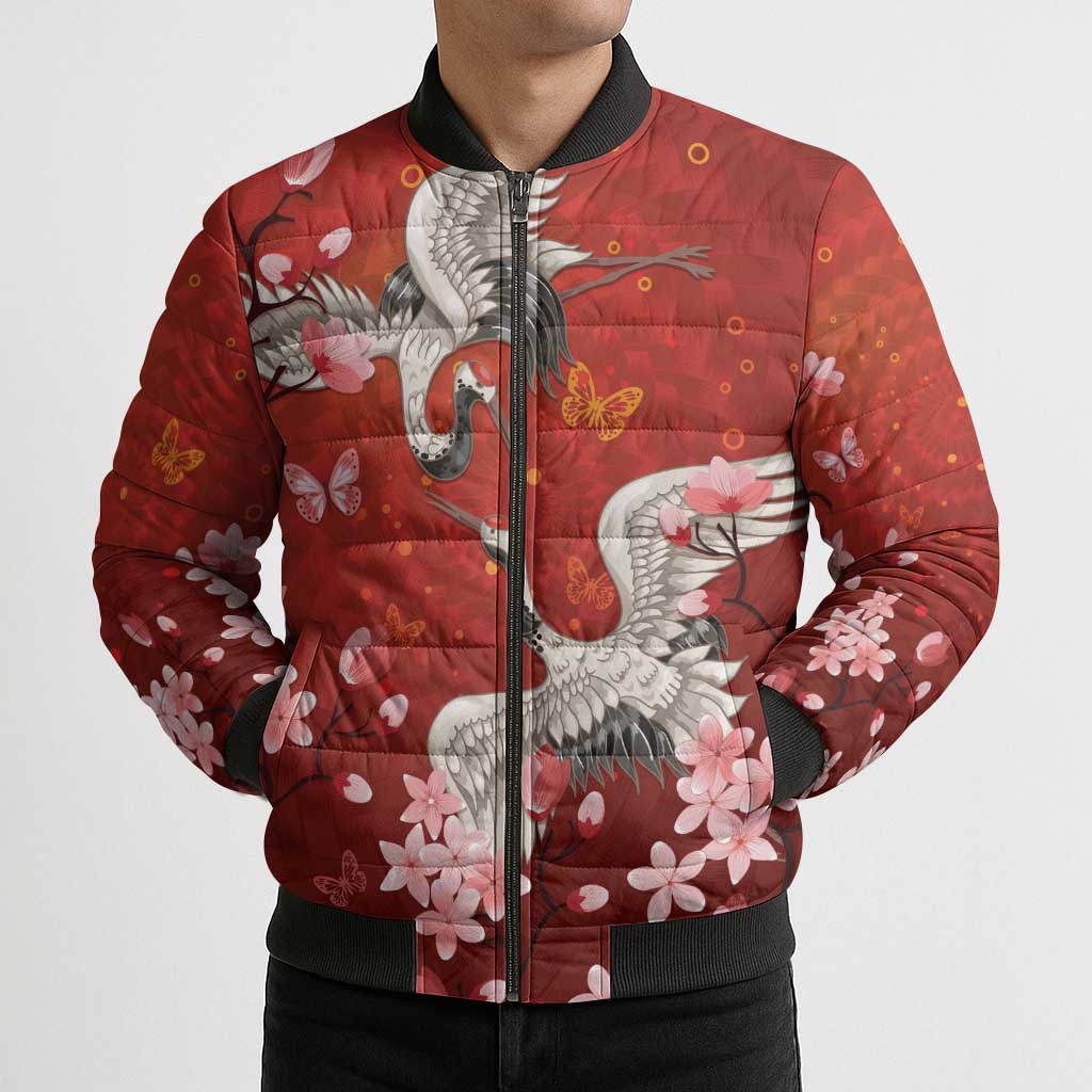 Hawaii Japan Cranes Sakura Flower Red Bomber Puffer Jacket Japan Heritage Spirit LT01 - Polynesian Pride