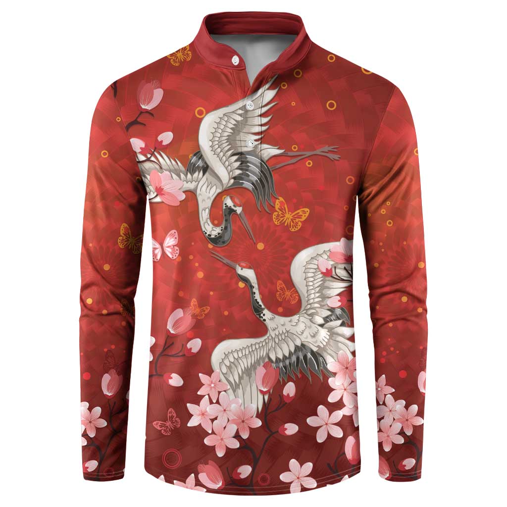 Hawaii Japan Cranes Sakura Flower Red Button Sweatshirt Japan Heritage Spirit LT01 Red - Polynesian Pride